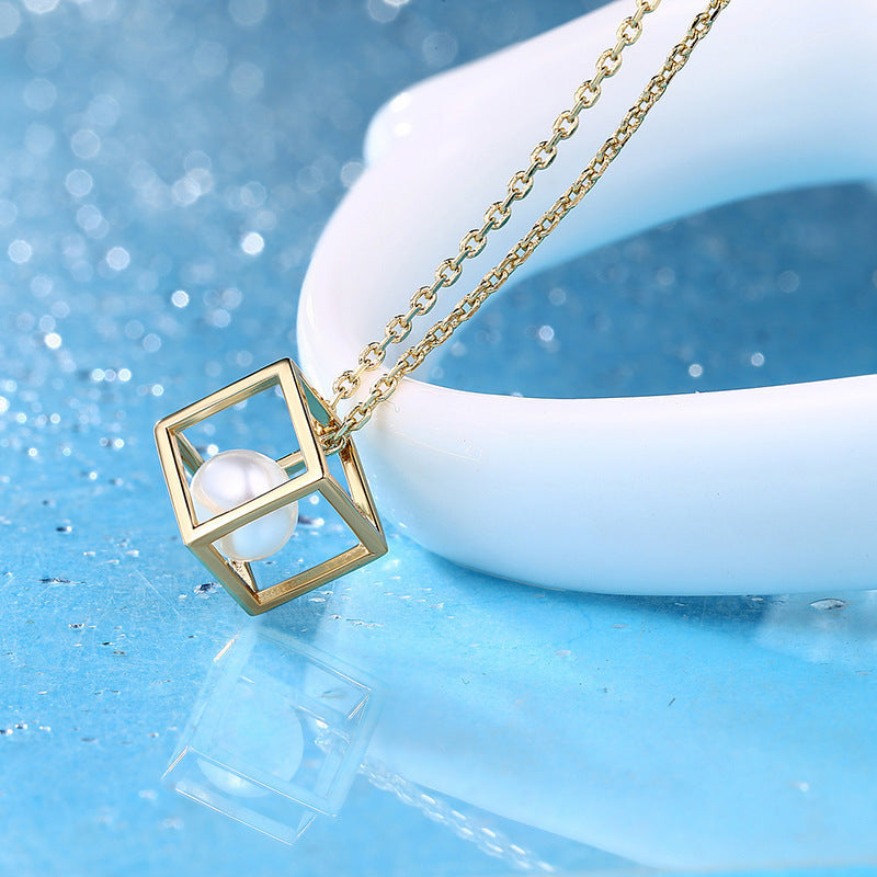 Love Cube Necklace Women's 925 Sterling Silver All-match Pearl Pendant Light Luxury Necklace